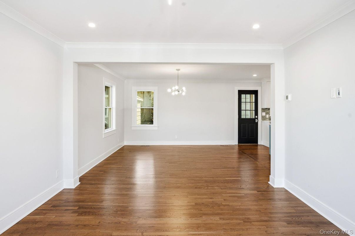 Chandelier, Empty room, Interior, Recessed Lighting, Wood Texture Flooring