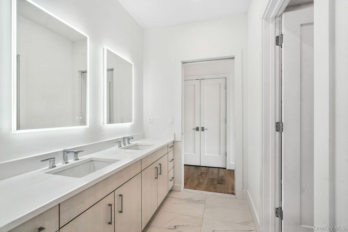 Bathroom, Dual Sink Vanities, Interior, Marble, Wood Texture Flooring