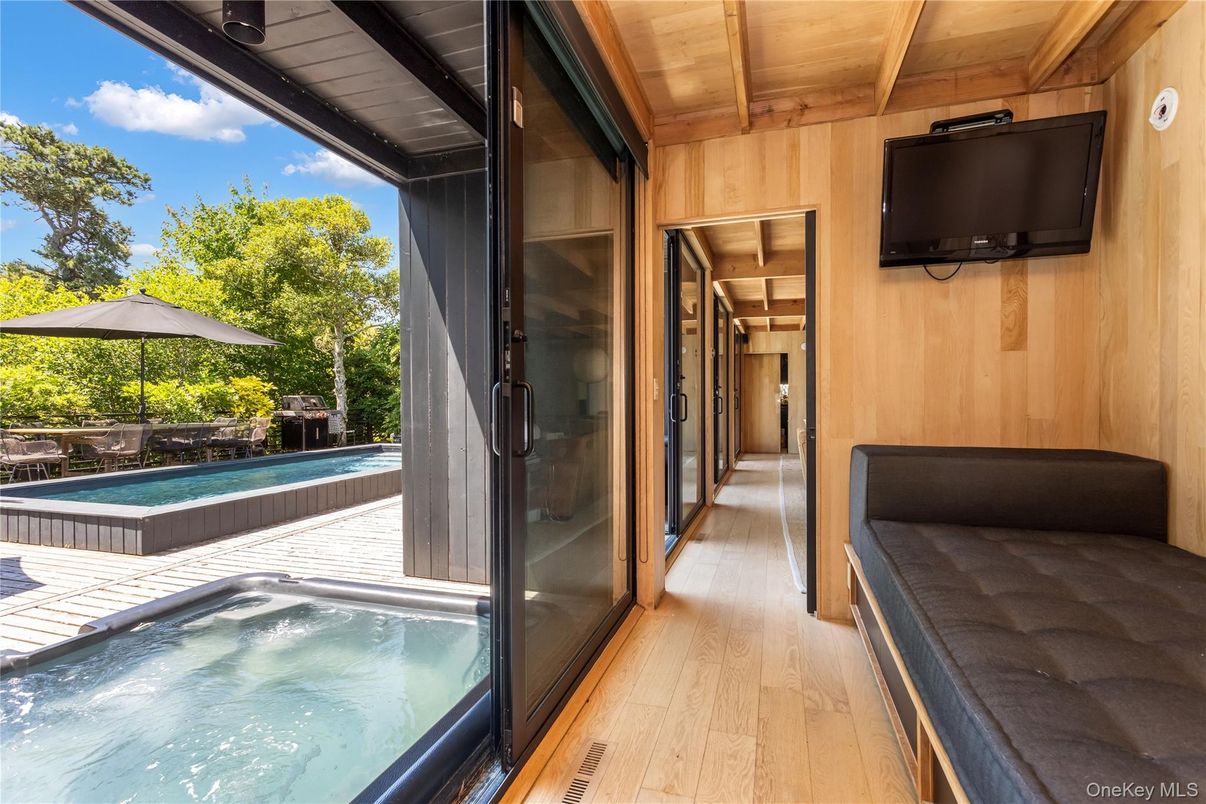 Exterior, Hot Tub, Pool, Wood Texture Flooring
