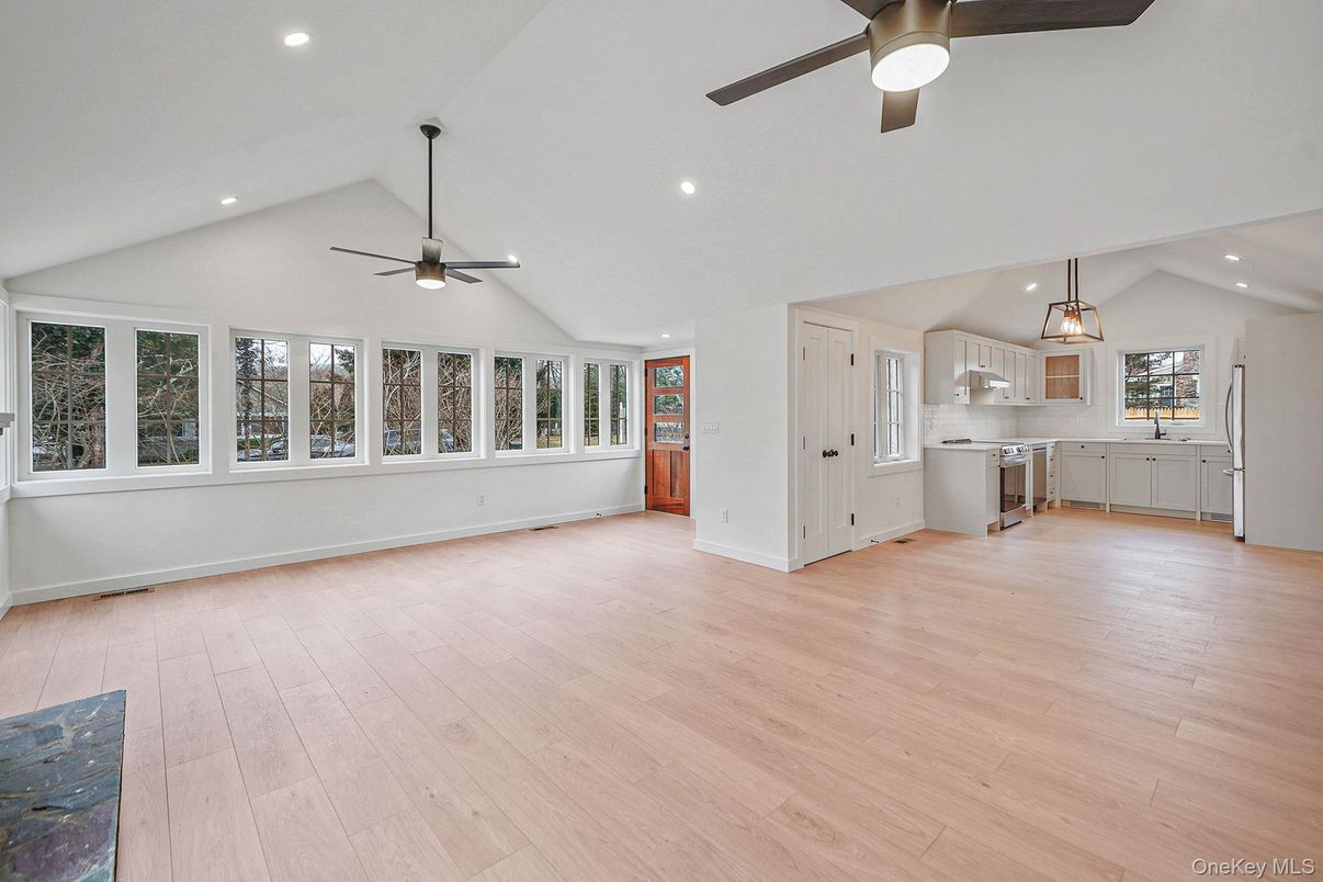 Empty room, Interior, Kitchen, Pendant Lights, Recessed Lighting, Wood Texture Flooring