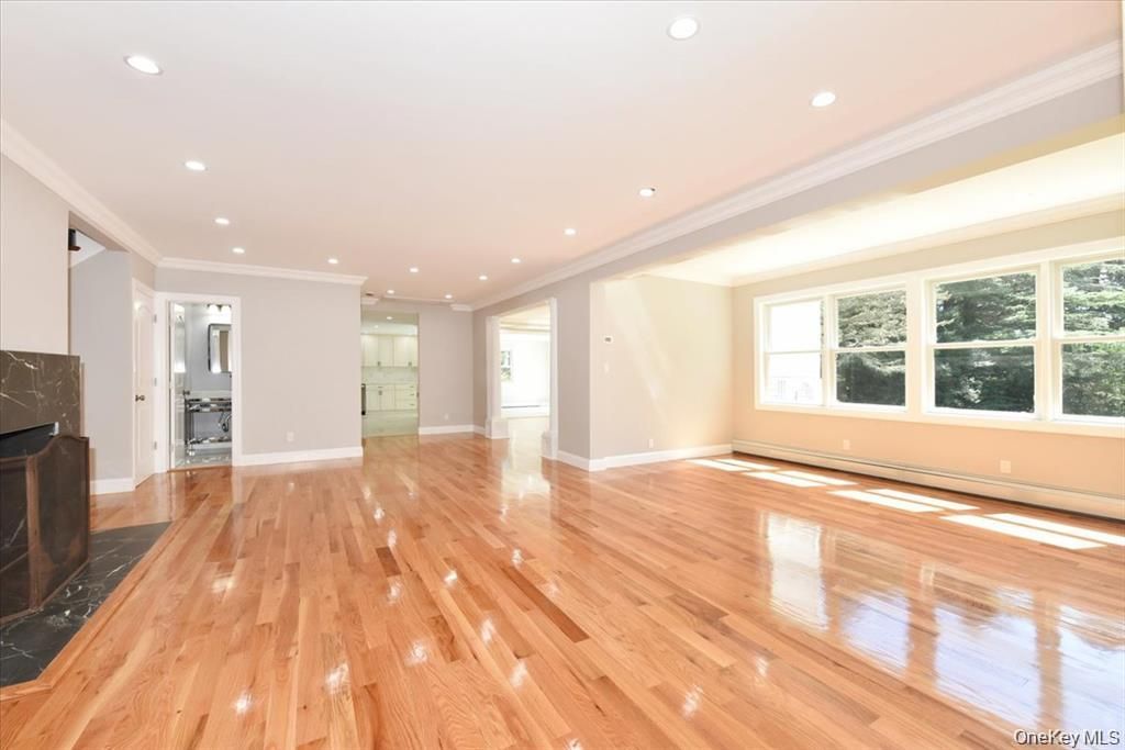 Empty room, Fireplace, Interior, Recessed Lighting, Wood Texture Flooring