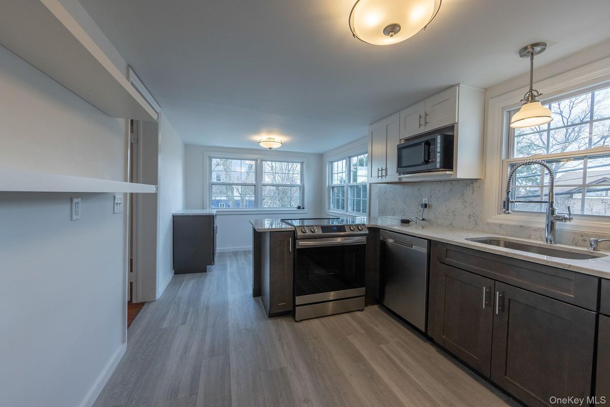 Interior, Kitchen, Pendant Lights, Stainless Steel Appliances, Wood Texture Flooring