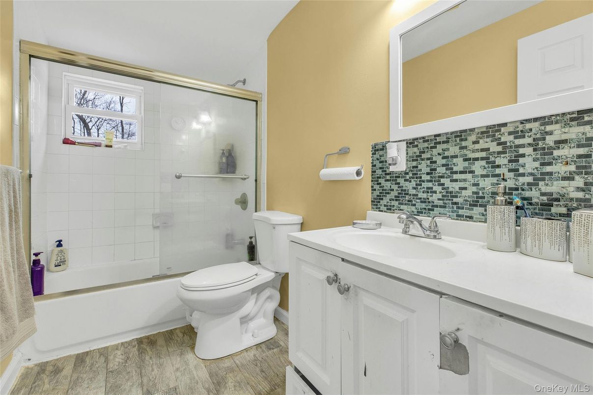 Bathroom, Glass Shower, Interior, Wood Texture Flooring