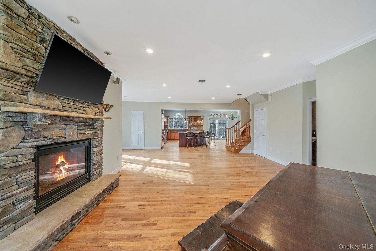 Fireplace, Interior, Recessed Lighting, Wood Texture Flooring