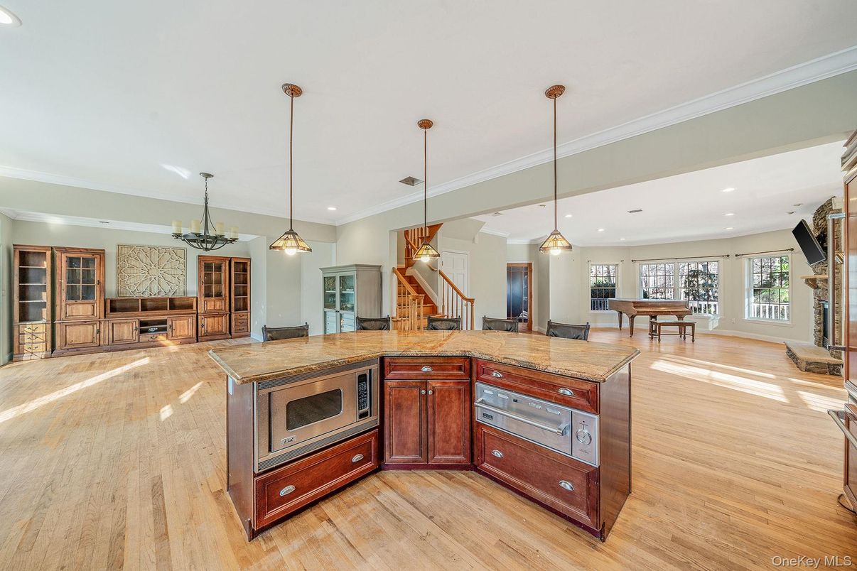Billiard Table, Chandelier, Game Room, Interior, Kitchen, Pendant Lights, Recessed Lighting, Wood Texture Flooring