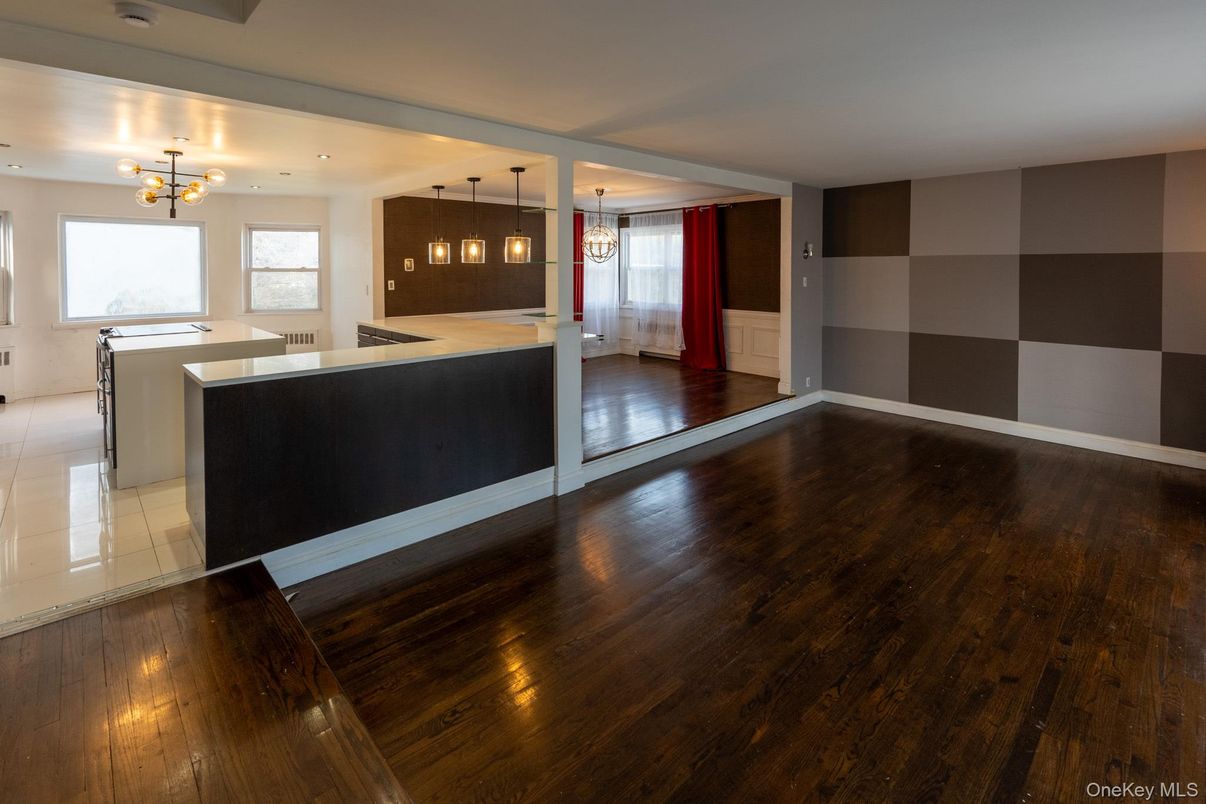 Empty room, Interior, Kitchen, Pendant Lights, Wood Texture Flooring
