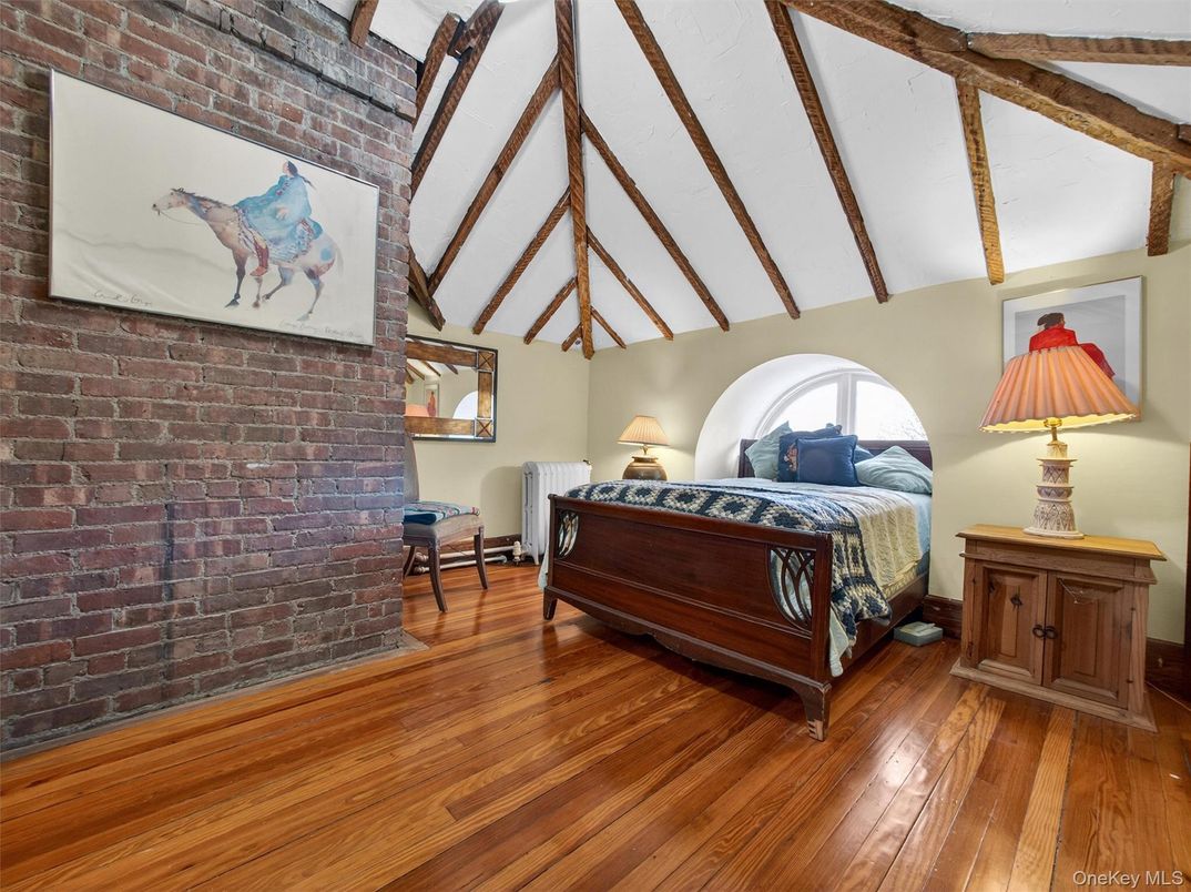 Bedroom, Interior, Stone Walls, Wooden Beams, Wood Texture Flooring