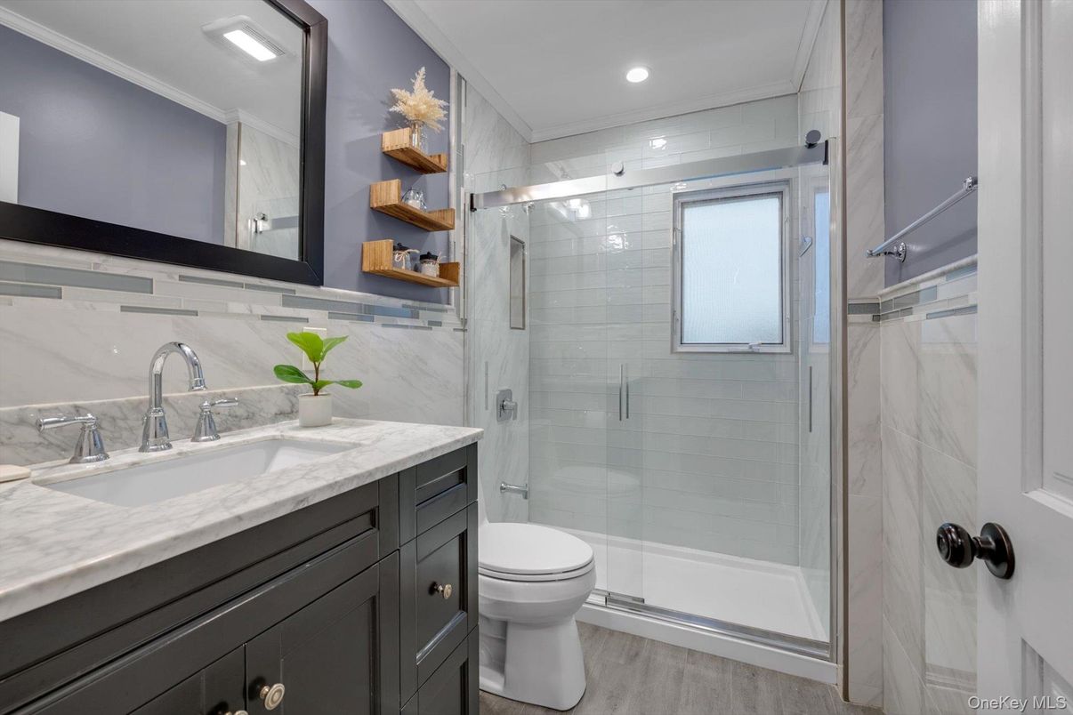 Bathroom, Glass Shower, Interior, Marble Walls, Recessed Lighting