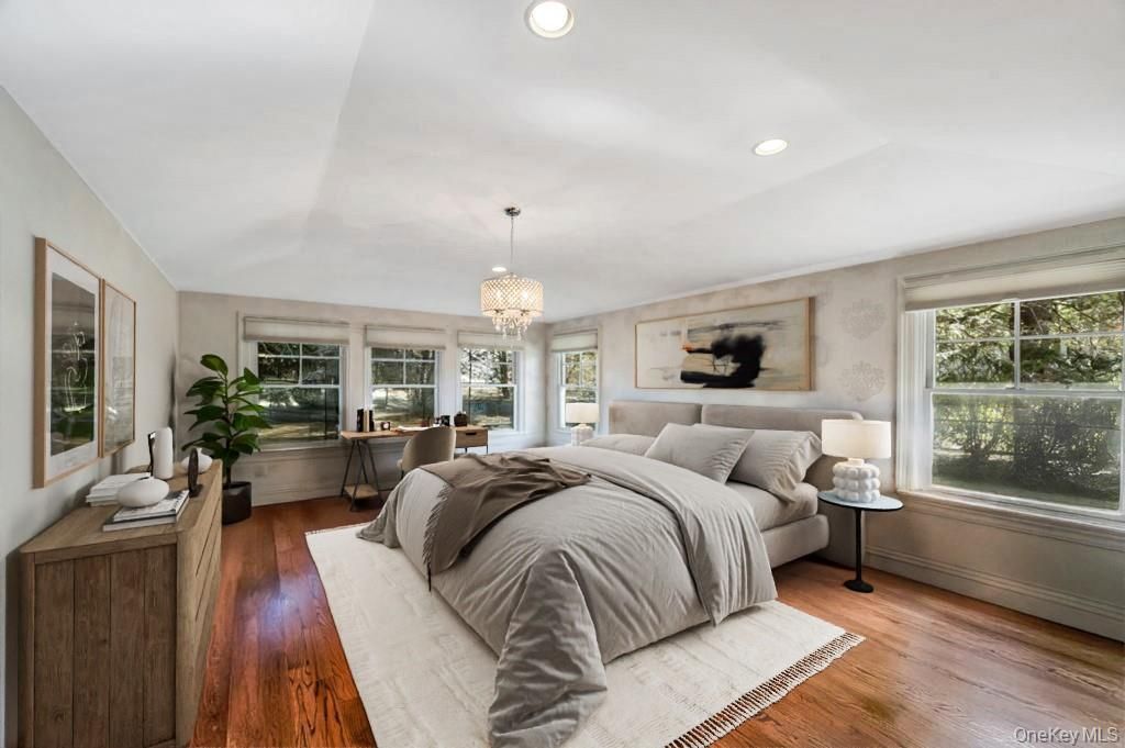 Bedroom, Chandelier, Interior, Recessed Lighting, Wood Texture Flooring