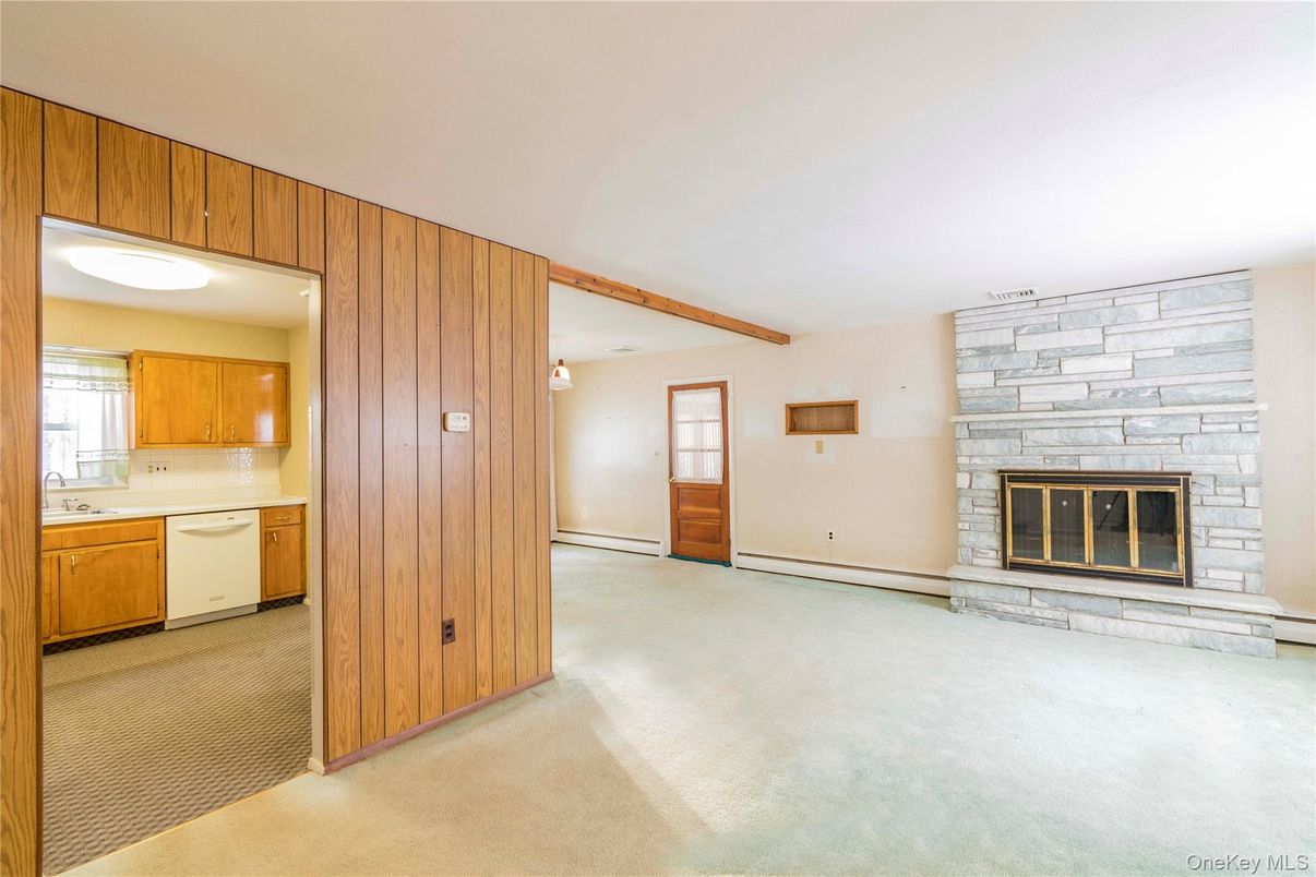 Empty room, Fireplace, Interior, Kitchen, Stone Walls, Wooden Beams