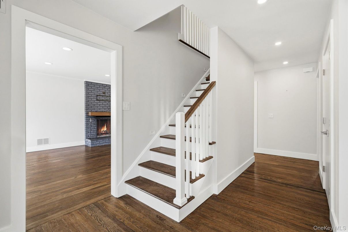 Fireplace, Interior, Recessed Lighting, Wood Texture Flooring