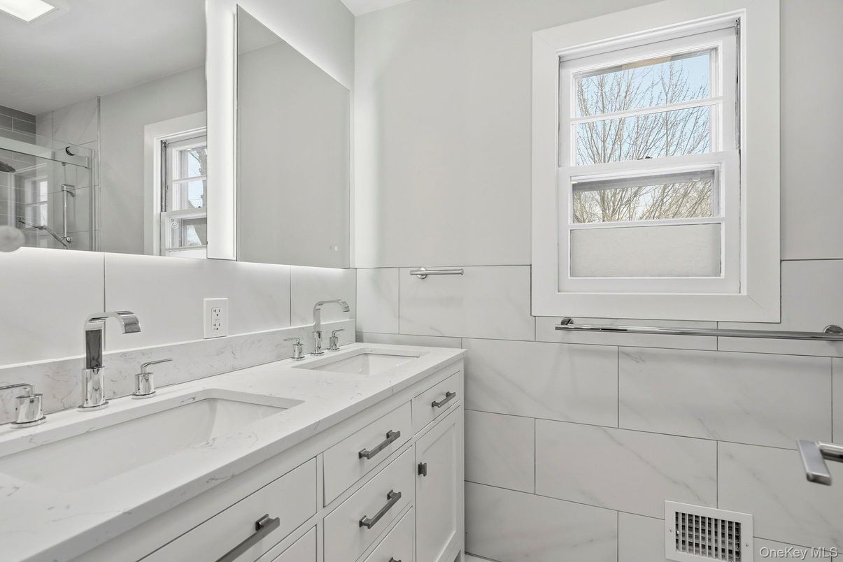 Bathroom, Dual Sink Vanities, Glass Shower, Interior, Marble Walls