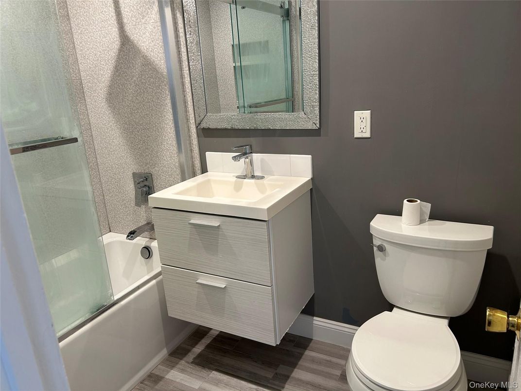 Bathroom, Glass Shower, Interior, Wood Texture Flooring