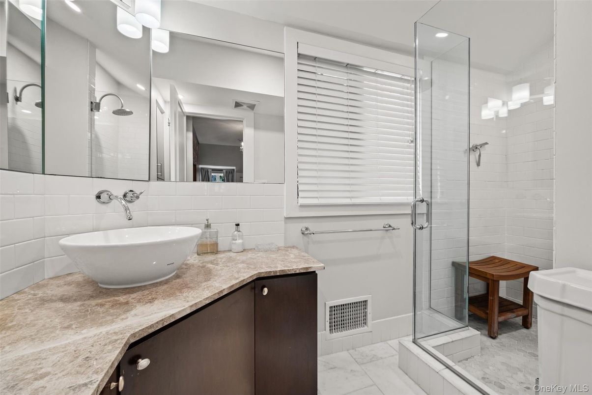 Bathroom, Dual Sink Vanities, Glass Shower, Interior, Marble, Recessed Lighting