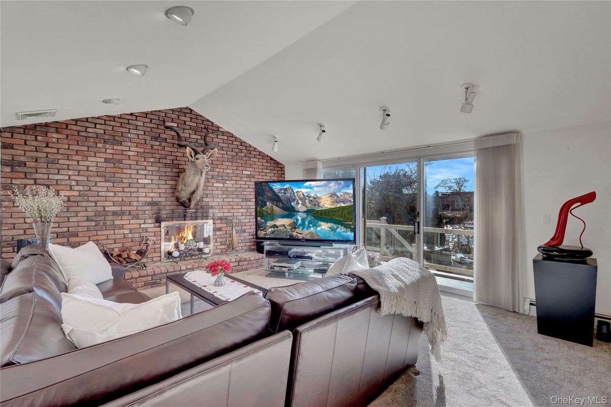 Fireplace, Interior, Living room, Recessed Lighting, Stone Walls