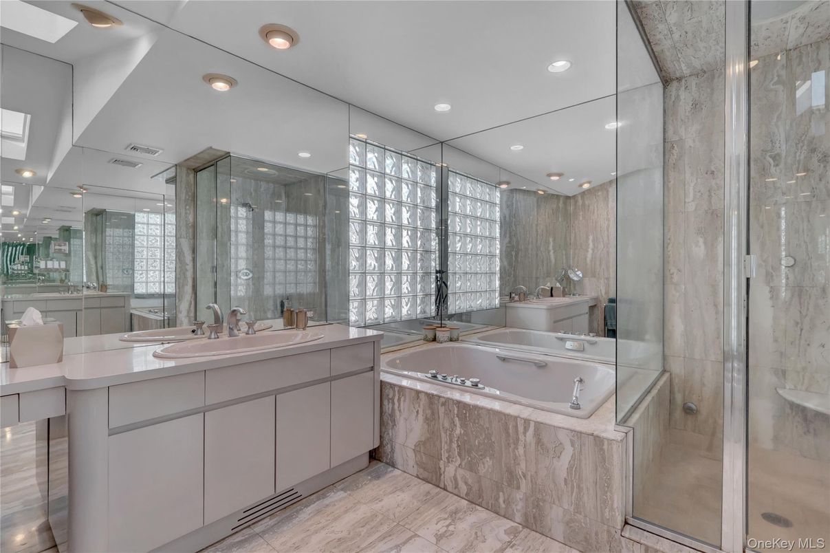 Bathroom, Dual Sink Vanities, Glass Shower, Interior, Recessed Lighting, Wood Texture Flooring