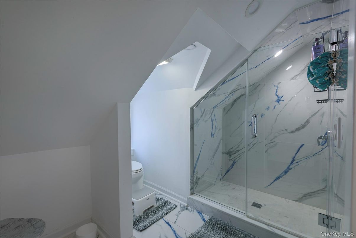 Bathroom, Glass Shower, Interior, Marble, Marble Walls, Recessed Lighting
