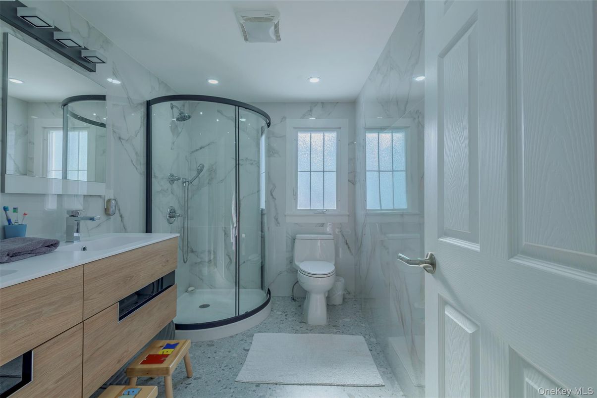 Bathroom, Glass Shower, Interior, Marble Walls, Recessed Lighting