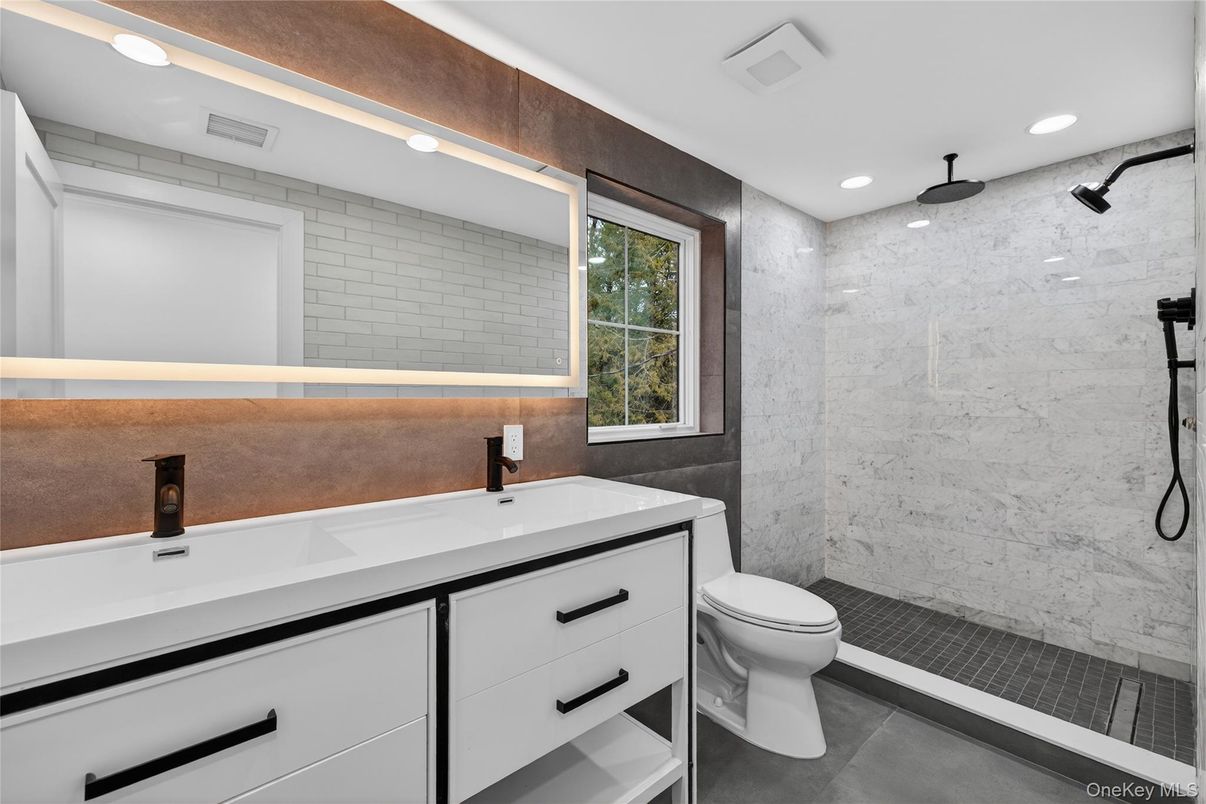Bathroom, Glass Shower, Interior, Marble Walls, Recessed Lighting