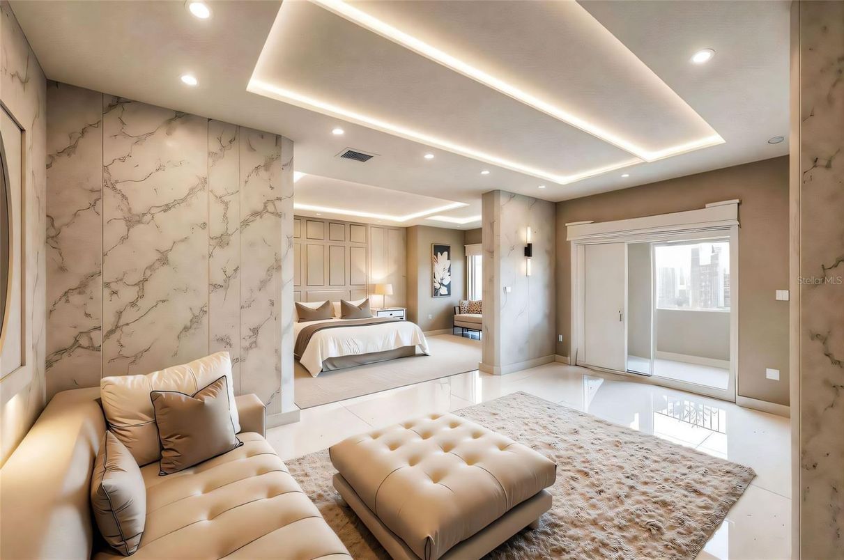 Bedroom, Interior, Marble Walls, Recessed Lighting