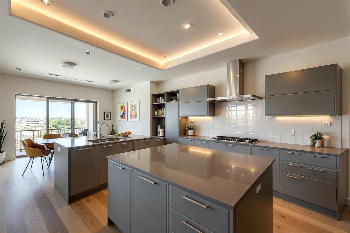 Dining room, Interior, Kitchen, Recessed Lighting, Wood Texture Flooring