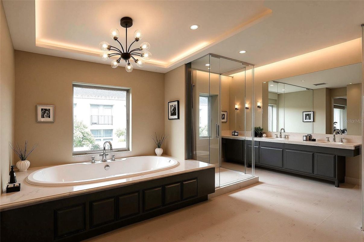 Bathroom, Dual Sink Vanities, Glass Shower, Interior, Pendant Lights, Recessed Lighting