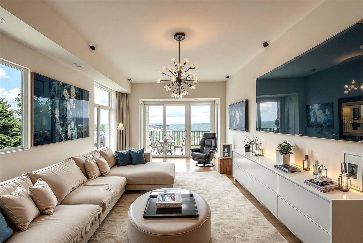 Fireplace, Interior, Living room, Pendant Lights, Water, Wood Texture Flooring