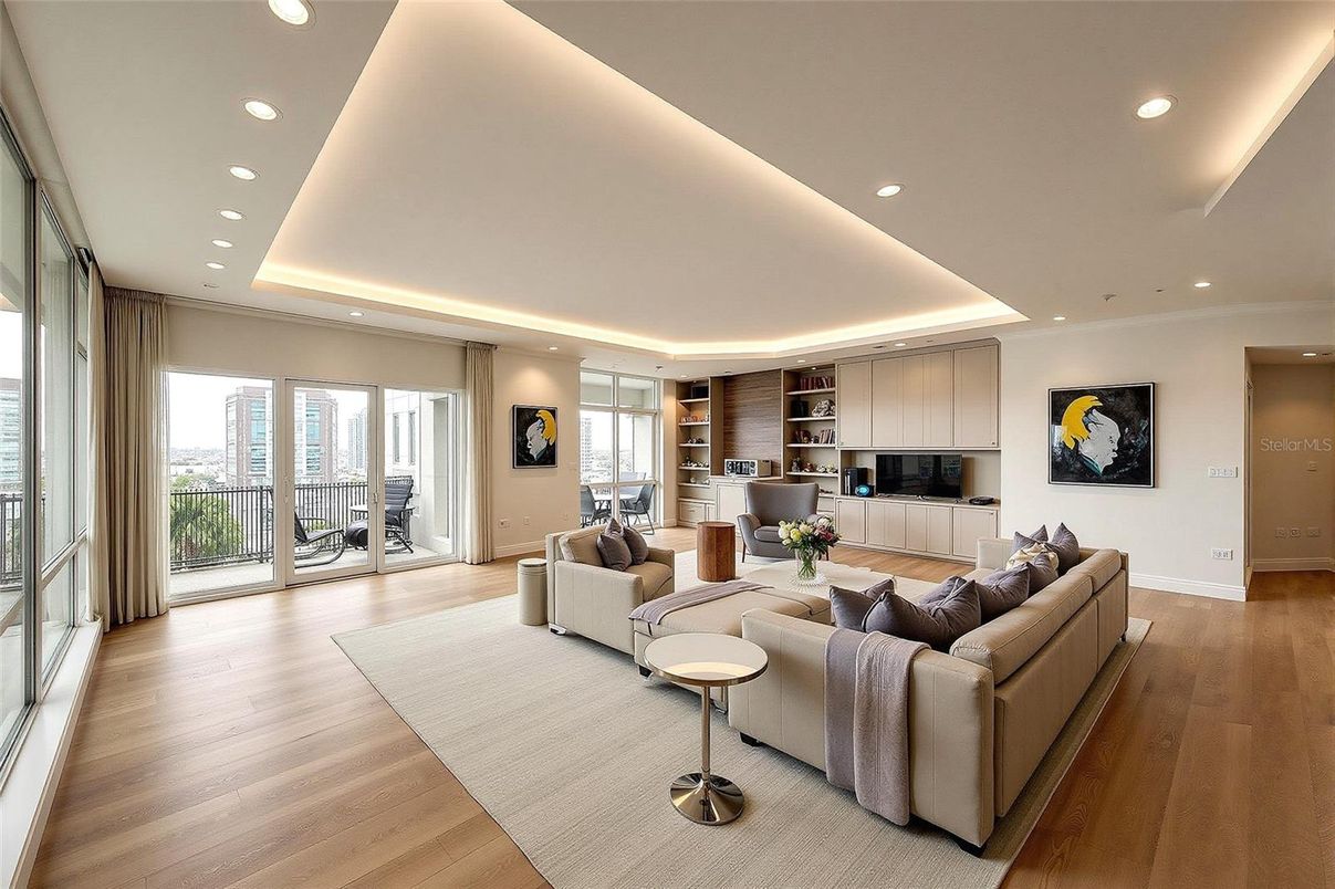 Interior, Living room, Recessed Lighting, Wood Texture Flooring