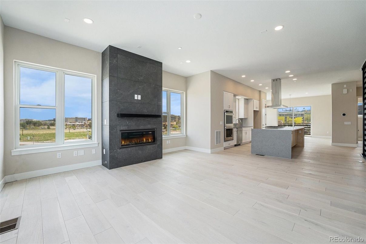Fireplace, Interior, Kitchen, Recessed Lighting, Stainless Steel Appliances, Wood Texture Flooring