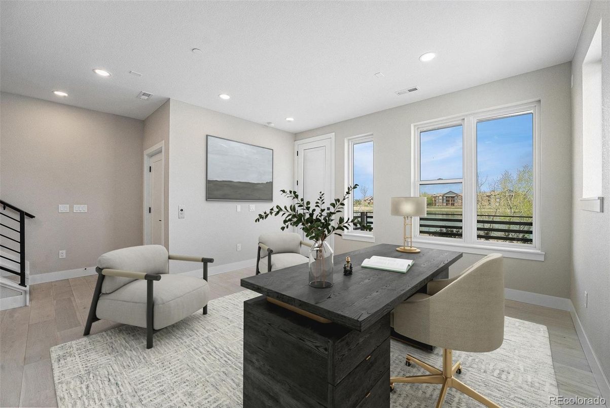 Home Office, Interior, Recessed Lighting, Water, Wood Texture Flooring