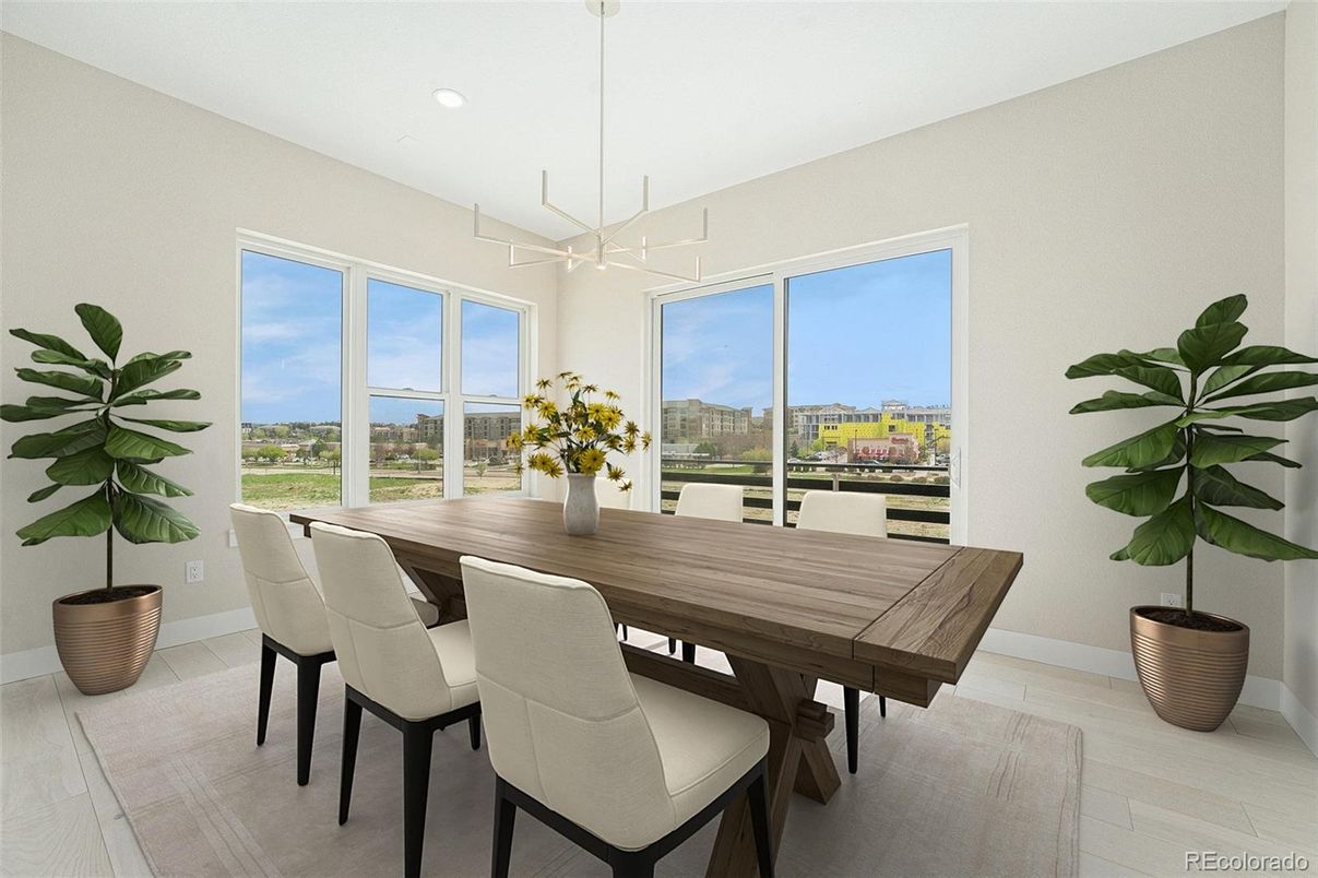 Dining room, Interior, Pendant Lights, Recessed Lighting, Wood Texture Flooring