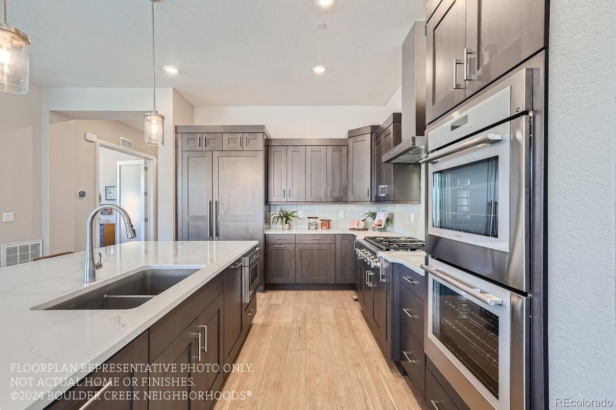 Interior, Kitchen, Pendant Lights, Recessed Lighting, Stainless Steel Appliances, Wood Texture Flooring