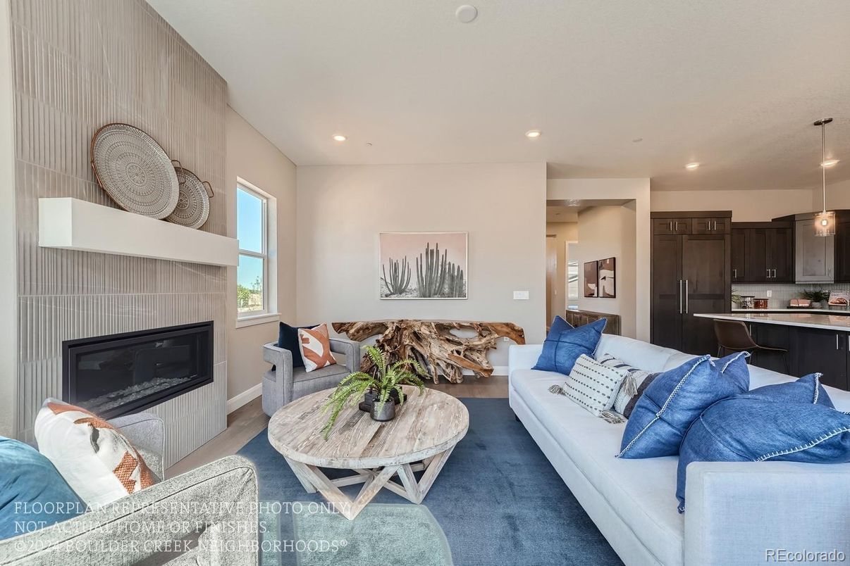 Fireplace, Interior, Kitchen, Living room, Pendant Lights, Recessed Lighting