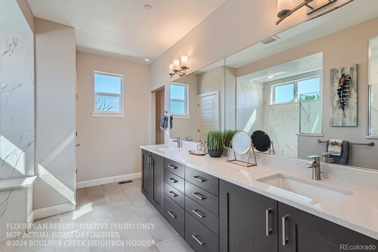 Bathroom, Dual Sink Vanities, Glass Shower, Interior, Marble Walls