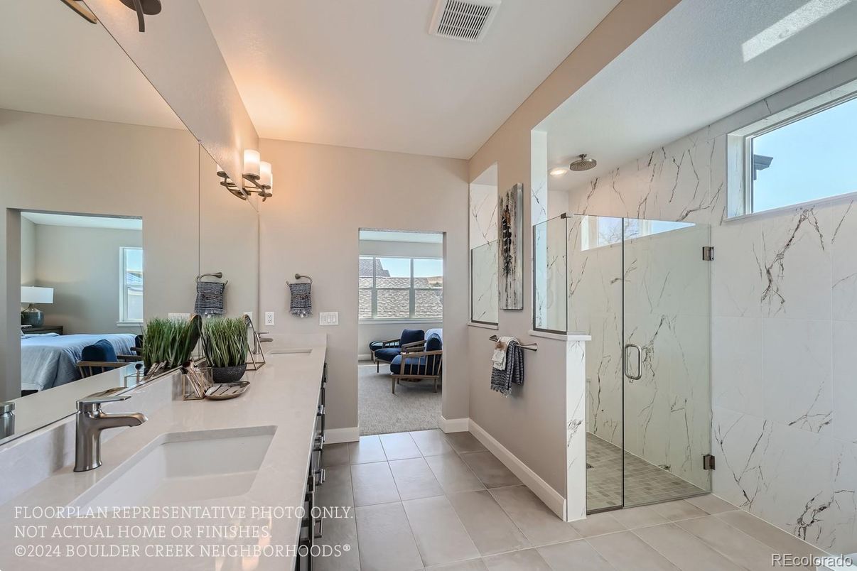 Bathroom, Dual Sink Vanities, Glass Shower, Interior, Marble Walls