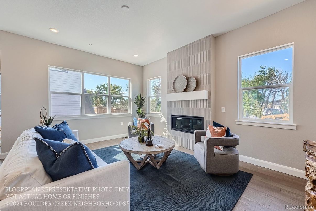 Fireplace, Interior, Living room, Recessed Lighting, Wood Texture Flooring