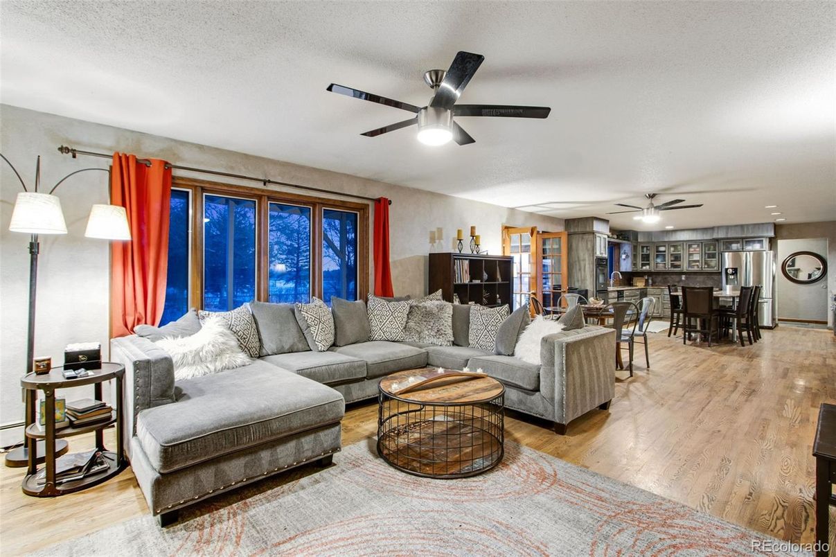 Dining room, Interior, Kitchen, Living room, Recessed Lighting, Wood Texture Flooring