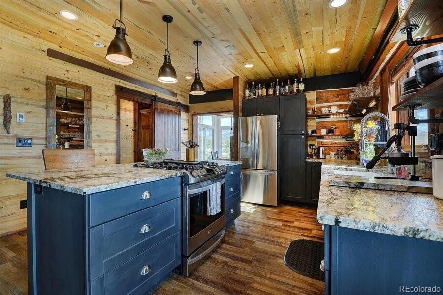 Interior, Kitchen, Pendant Lights, Recessed Lighting, Stainless Steel Appliances, Wooden Ceilings, Wood Texture Flooring