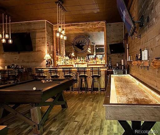 Billiard Table, Game Room, Interior, Pendant Lights, Wooden Ceilings, Wood Texture Flooring, Wooden Walls