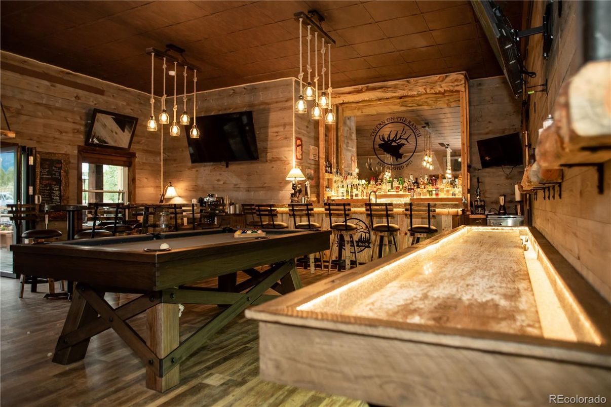 Billiard Table, Game Room, Interior, Pendant Lights, Wood Texture Flooring, Wooden Walls