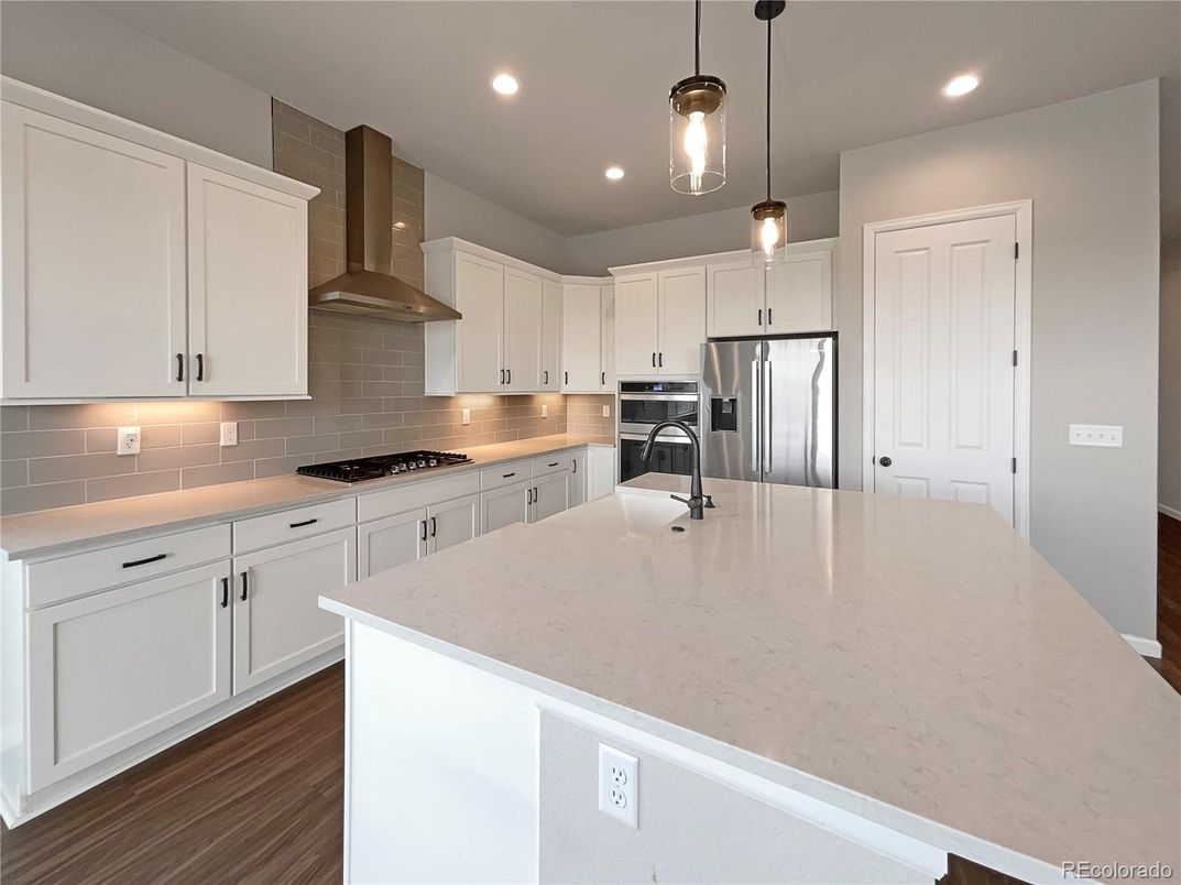 Interior, Kitchen, Pendant Lights, Recessed Lighting, Stainless Steel Appliances, Wood Texture Flooring