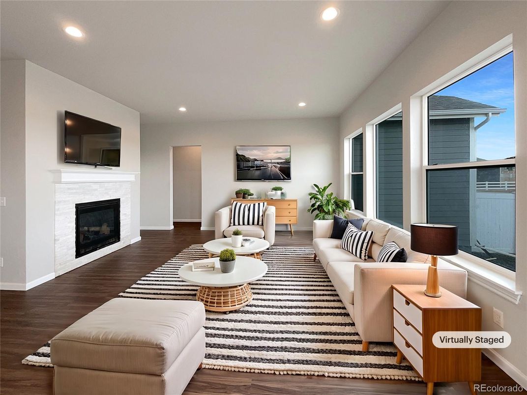 Fireplace, Interior, Living room, Recessed Lighting, Wood Texture Flooring