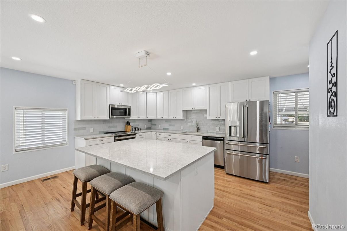 Interior, Kitchen, Pendant Lights, Recessed Lighting, Stainless Steel Appliances, Wood Texture Flooring