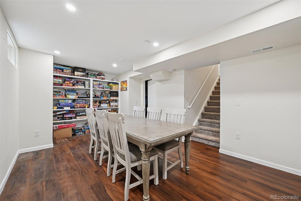 Dining room, Interior, Recessed Lighting, Wood Texture Flooring