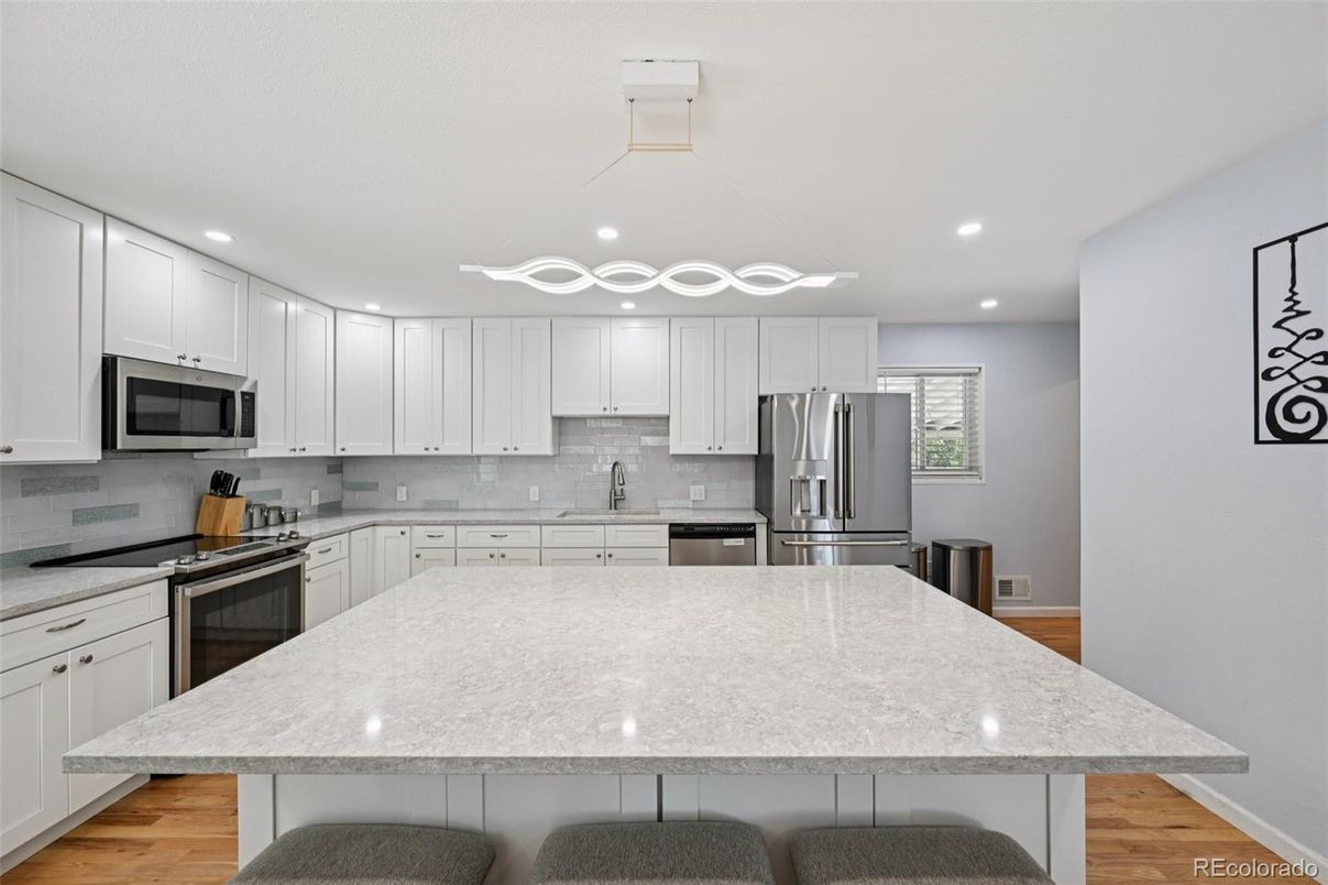 Interior, Kitchen, Recessed Lighting, Stainless Steel Appliances, Wood Texture Flooring