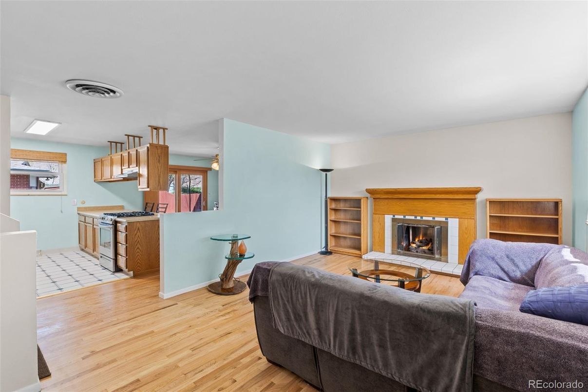 Fireplace, Interior, Kitchen, Living room, Pendant Lights, Wood Texture Flooring