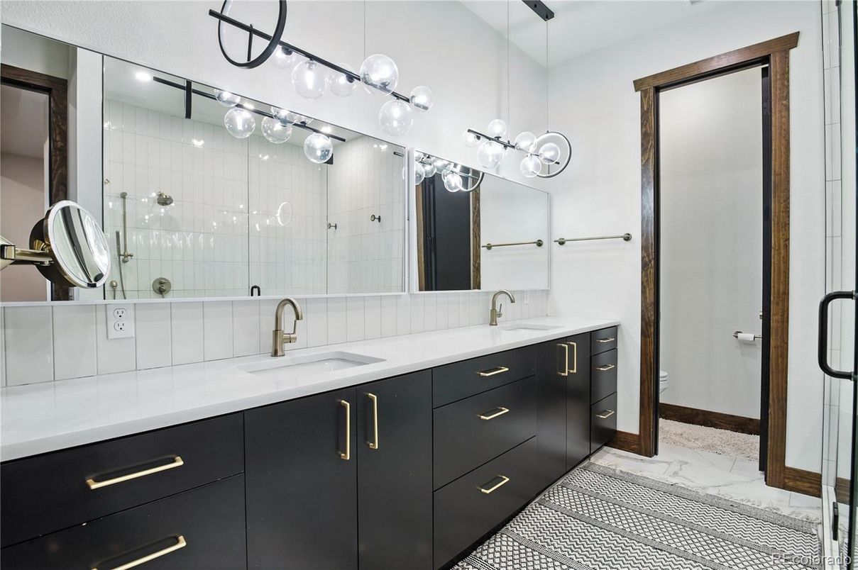 Bathroom, Dual Sink Vanities, Glass Shower, Interior, Pendant Lights