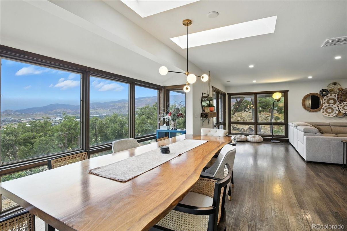 Dining room, Interior, Pendant Lights, Recessed Lighting, Wood Texture Flooring