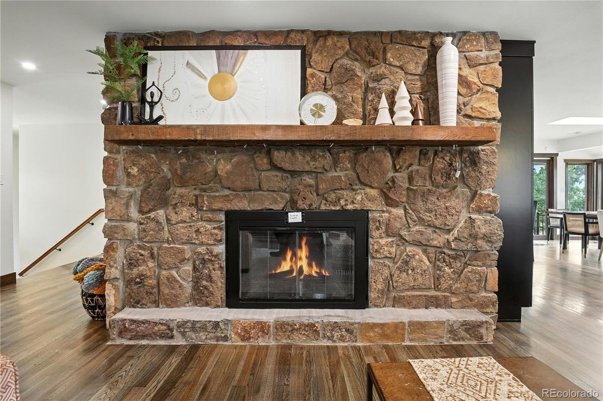Fireplace, Interior, Recessed Lighting, Stone Walls, Wood Texture Flooring