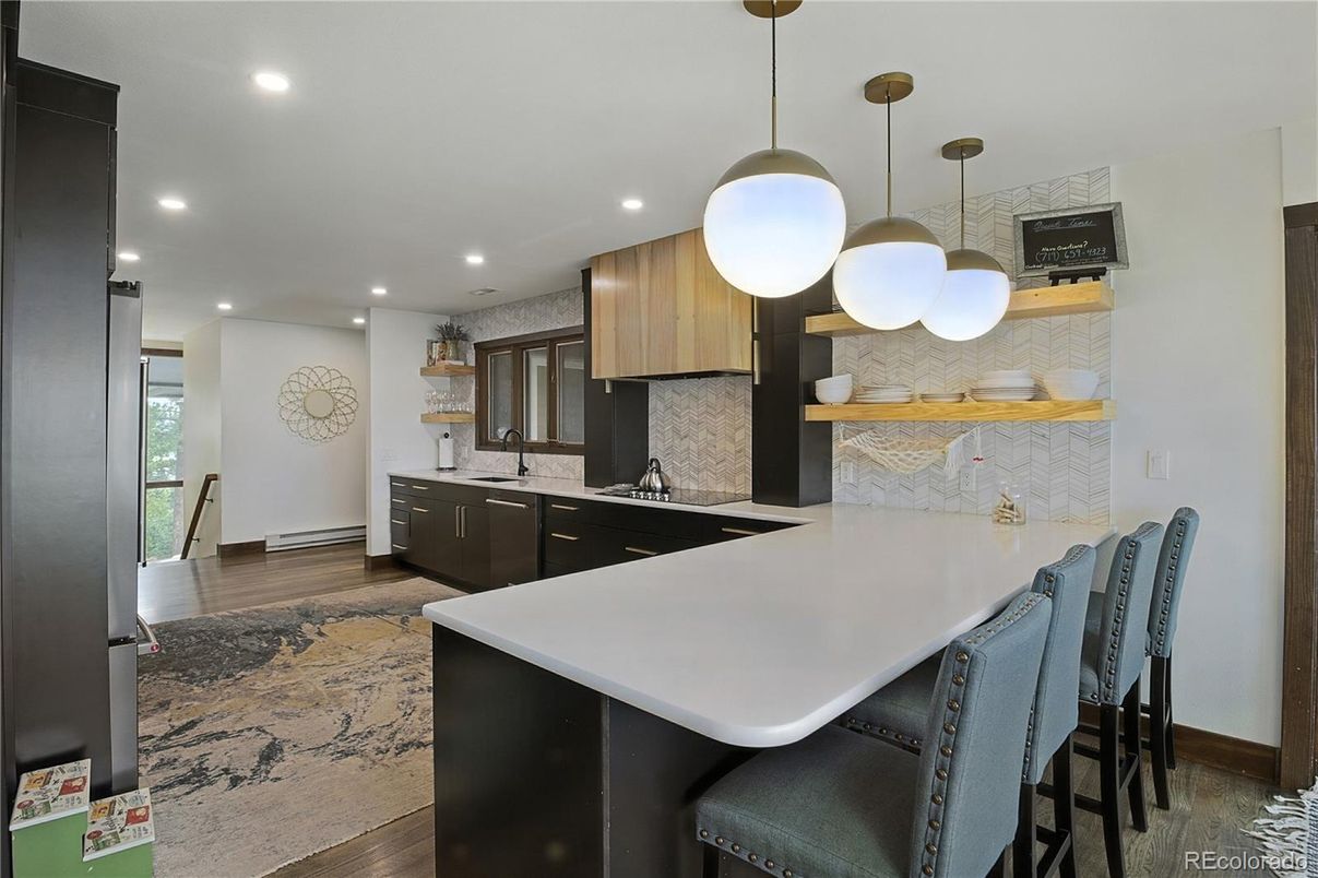 Interior, Kitchen, Pendant Lights, Recessed Lighting, Wood Texture Flooring